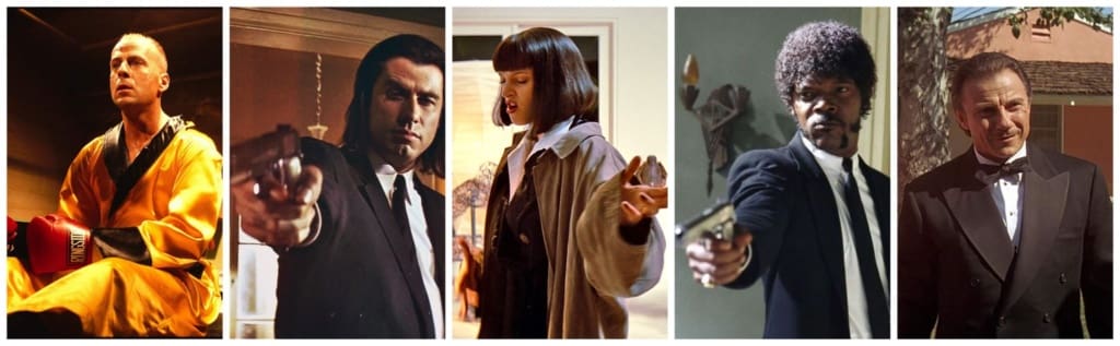 De Izquierda a Derecha: Butch Coolidge (Bruce Willis), Vincent Vega (John Travolta), Mia Wallace (Uma Thurman), Jules Winnfield (Samuel L. Jackson) y Winston "The Wolf" Wolfe (Harvey Keitel), los personajes más destacados de Pulp Fiction.