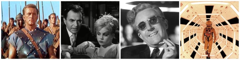 De Izquierda a Derecha: Spartacus (1960), Lolita (1962), Dr. Strangelove (1964) y 2001: A Space Oddyssey.