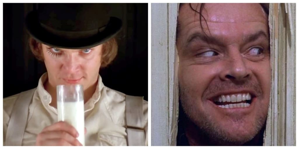 Izquierda: Alex Dellarge (Malcom McDowell) en A Clockwork Orange (1971). Derecha: Jack (Jack Nicholson) en The Shining (1980).