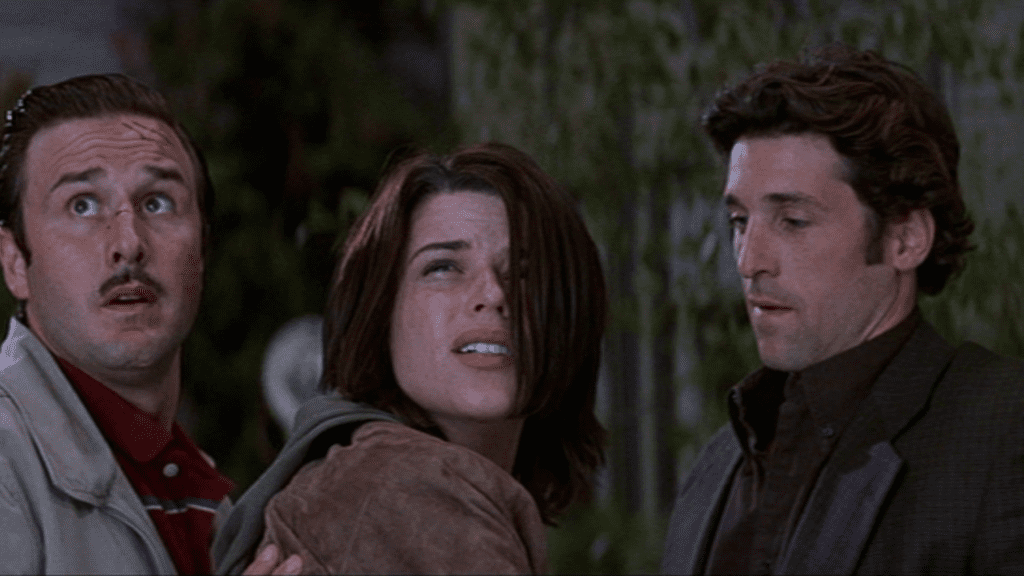 David Arquette, Neve Campbell y Patrick Dempsey en Scream 3 (2000).