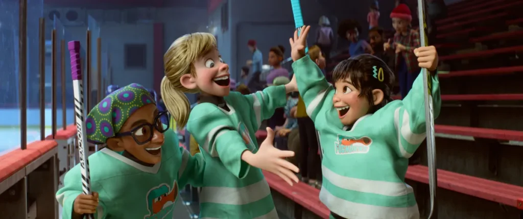 crítica de intensamente 2, riley con sus amigas jugando hockey