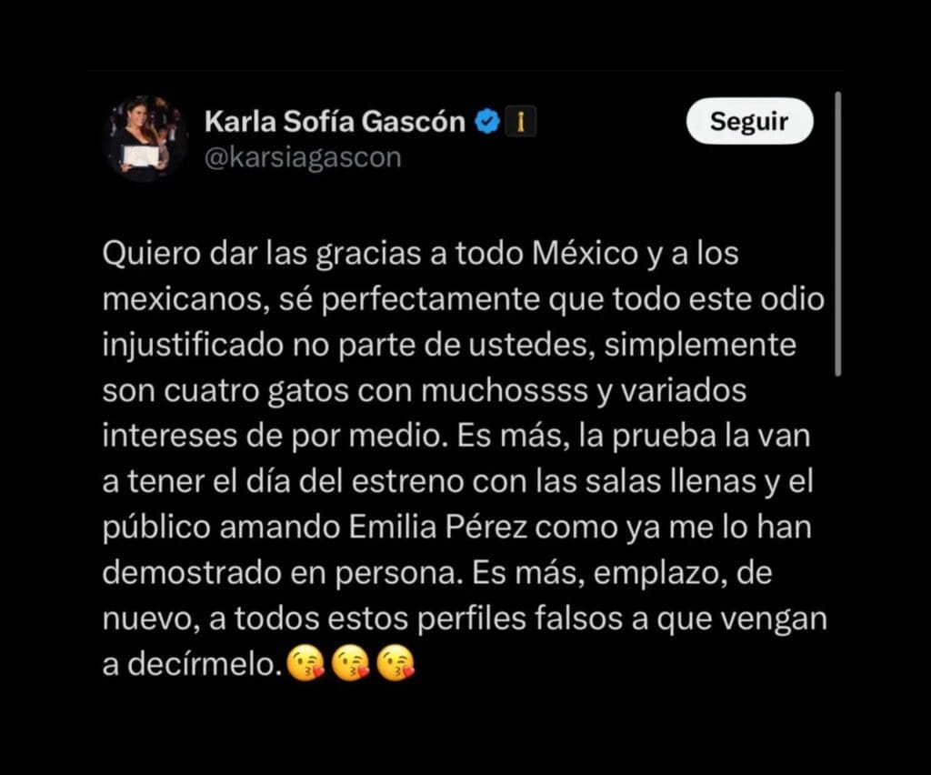 Tweet de Karla Sofia Gascon