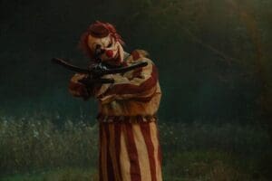 Asesino disfrazado de payaso apunta con una ballesta en la película de terror Clown in a Cornfield