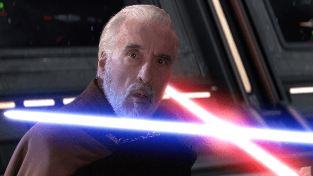 Christopher Lee como el Conde Dooku en Star Wars: Episodio III - La venganza de los Sith durante su enfrentamiento final con Anakin Skywalker.