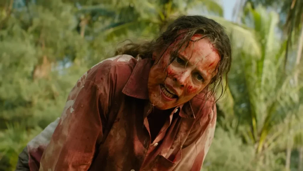 Rachel McAdams covered in blood struggling to survive in the jungle in Sam Raimi’s film Send Help