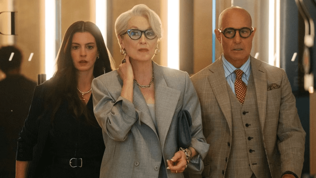 Stanley Tucci, anne hathaway y meryl streep en el diablo vista a la moda 2